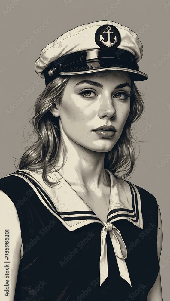 Line art illustration of a woman in a sailor hat with a ribbon. Line art illustration of a woman in a sailor hat with a ribbon.
