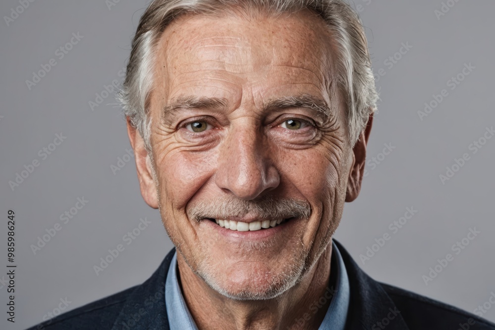 Full framed very close face portrait of a smiling senior caucasian man with gray eyes looking at the camera, studio shot,gray background. Full framed very close face portrait of a smiling senior caucasian man with gray eyes looking at the camera, studio shot,gray background.