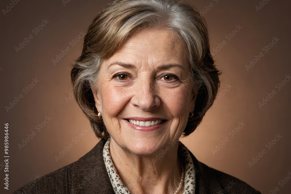 Full framed very close face portrait of a smiling senior caucasian woman with brown eyes looking at the camera, studio shot,brown background. Full framed very close face portrait of a smiling senior caucasian woman with brown eyes looking at the camera, studio shot,brown background.