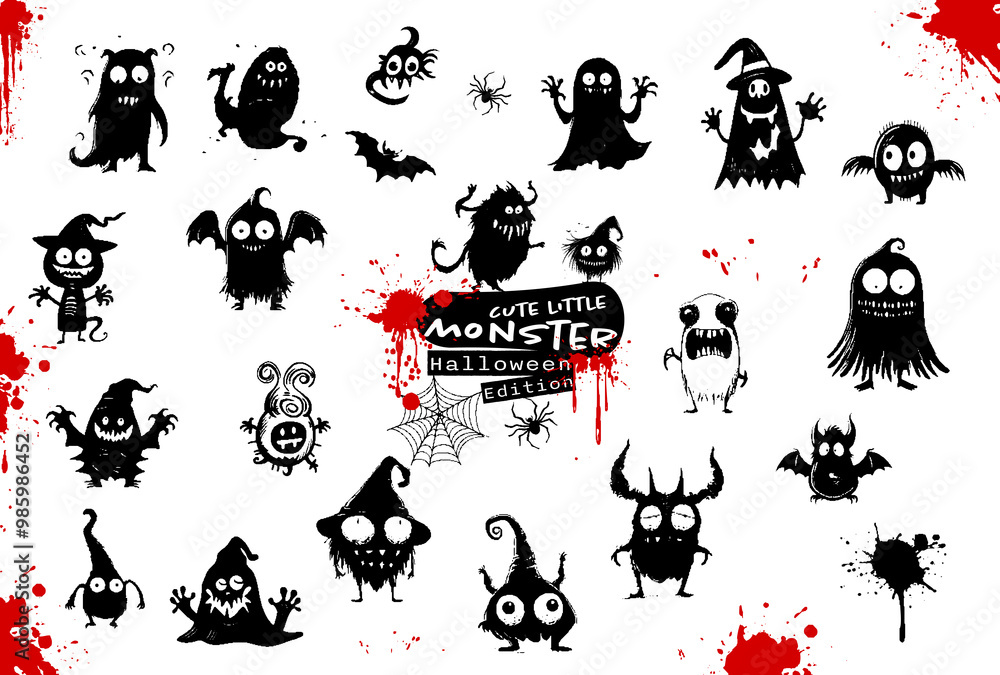 Fototapeta premium Happy Halloween icon set - Halloween silhouettes, symbols and characters. Cute little monster and blood splatters. Vector illustration for invitations and parties.