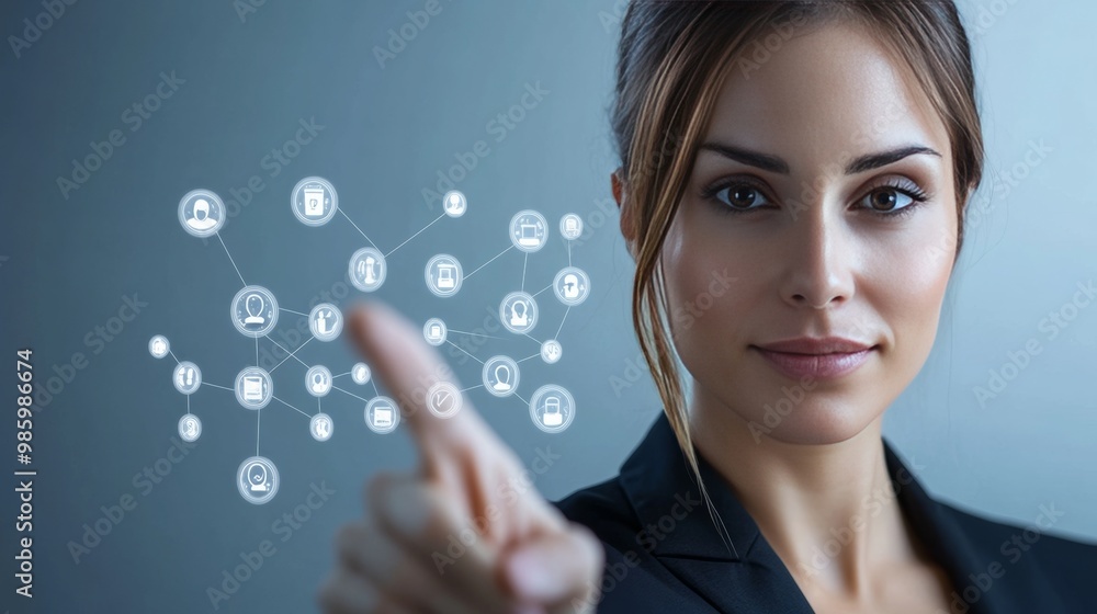Networking concept: Woman with contacts on screen Networking concept: Woman with contacts on screen