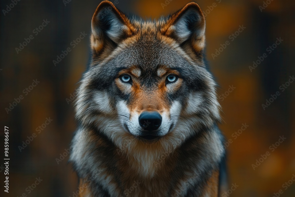 Fototapeta premium majestic closeup portrait of a wolf with piercing blue eyes its fur a blend of rich brown and silvery grey tones against a blurred forest background