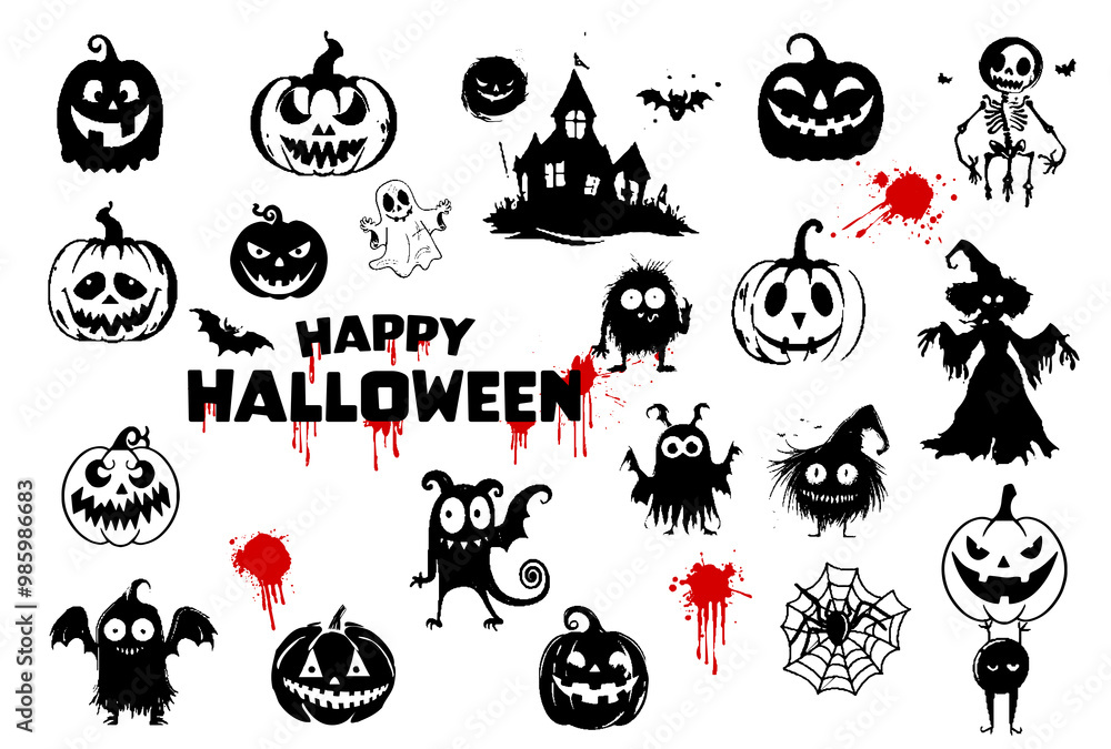Happy Halloween icon set - Halloween silhouettes, symbols and characters. Blood splatters and other spooky scary elements for Halloween design. Vector illustration for invitations and parties. Happy Halloween icon set - Halloween silhouettes, symbols and characters. Blood splatters and other spooky scary elements for Halloween design. Vector illustration for invitations and parties.