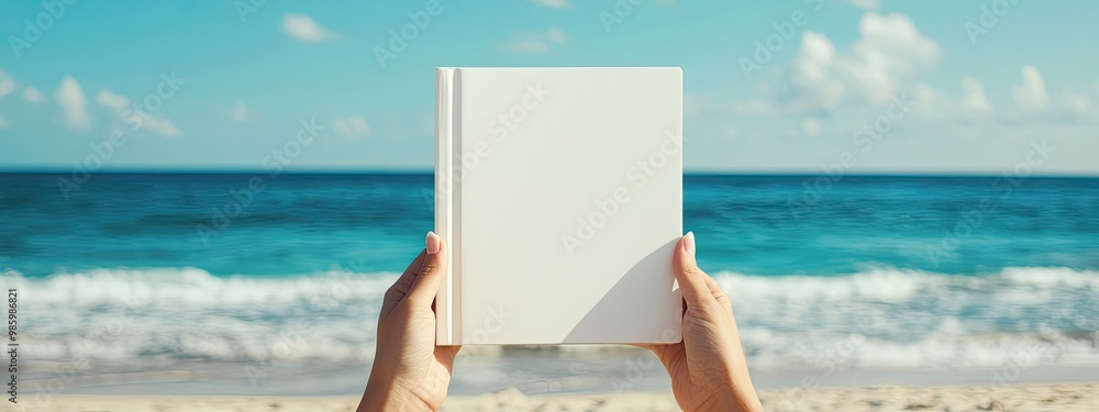 in his hands a white book on the background of the beach. Selective focus in his hands a white book on the background of the beach. Selective focus