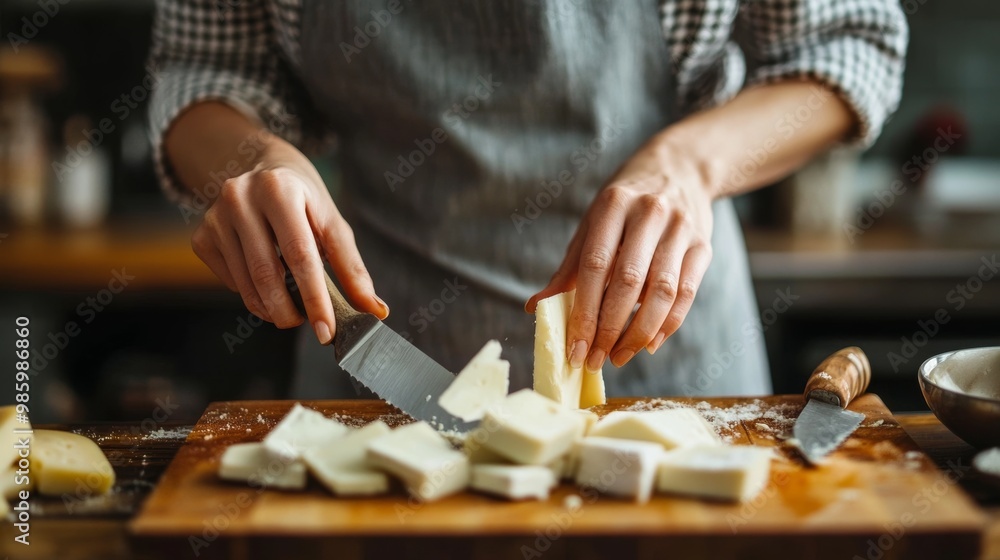 Woman in gray apron slices cheese Woman in gray apron slices cheese