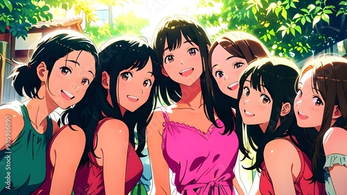 Group of Beautiful Young Women Smiling Interracial Sorority Sisters in Garden Hot Pink Short Dress Cute Anime Style Illustration photo