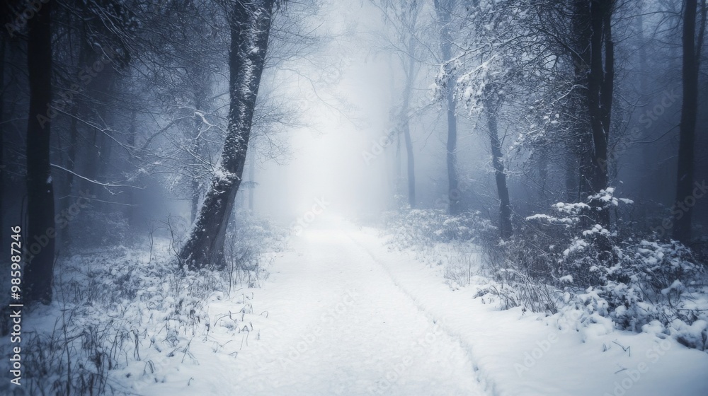 Obraz premium Snow-Covered Path Winding Through a Misty Forest