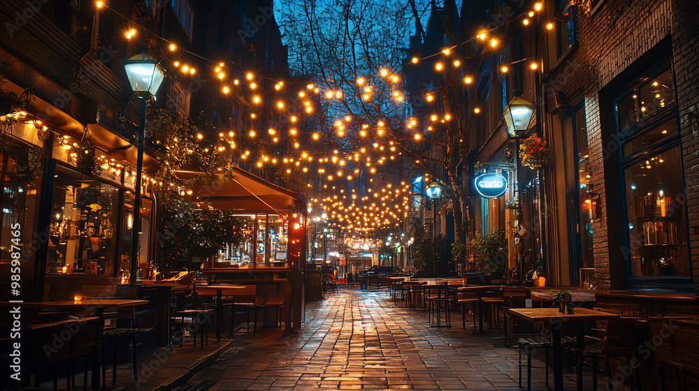 Obraz premium Outdoor street cafe under a starry night sky. 