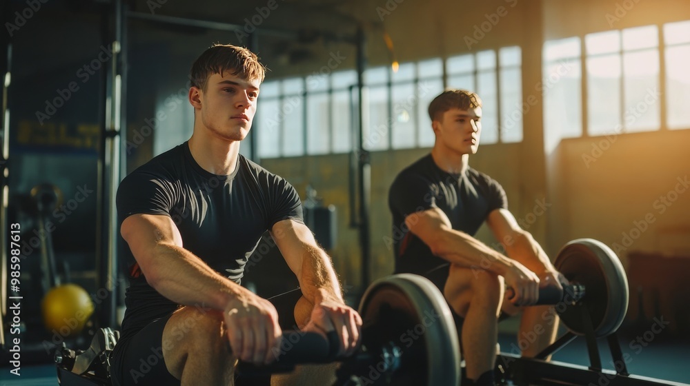 Young athletes row hard in a well-lit gym. Young athletes row hard in a well-lit gym.