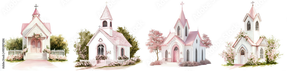 Fototapeta premium Charming pink and white country church nestled in a lush springtime landscape of blooming flowers trees and a picket fence This tranquil