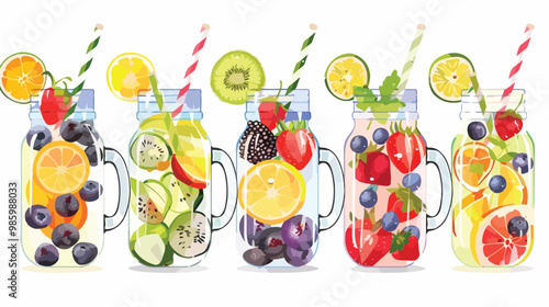 Refreshing Fruit-Infused Water in Mason Jar Mugs with Variety of Fresh Fruits