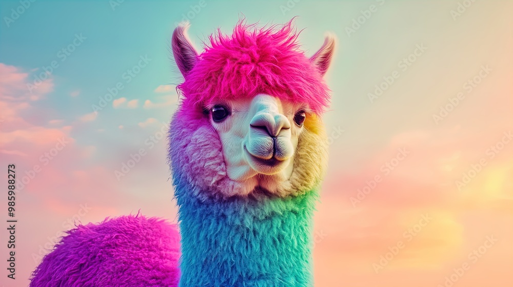 Fototapeta premium Vibrant Alpaca Wonderland: A Cheerful Rainbow-Coated Alpaca with Bold Pink Hair Against a Pastel Sky – Perfect for Brightening Up Your Sports Room Poster!