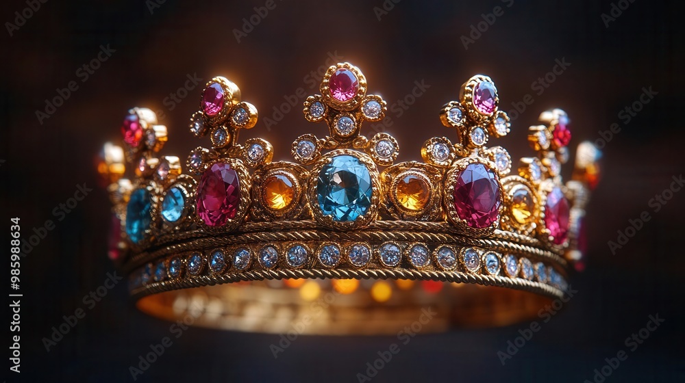 Regal Radiance: Opulent Crown Adorned with Resplendent Gemstones Gleams in Majestic Illumination Regal Radiance: Opulent Crown Adorned with Resplendent Gemstones Gleams in Majestic Illumination