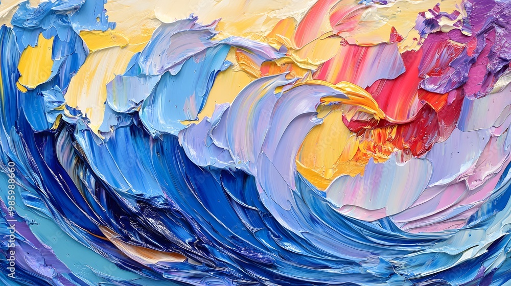 Abstract, colorful oil painting of ocean waves with textured brush strokes, impasto, and thick paint layers. Close-up, macro shot with vibrant colors of blue, pink, yellow, and purple. Abstract, colorful oil painting of ocean waves with textured brush strokes, impasto, and thick paint layers. Close-up, macro shot with vibrant colors of blue, pink, yellow, and purple.