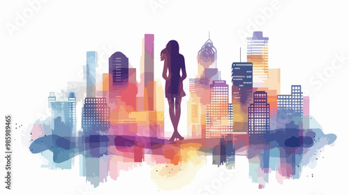 Professional Businesswoman Experiencing Cityscape Exposure in Mixed Media