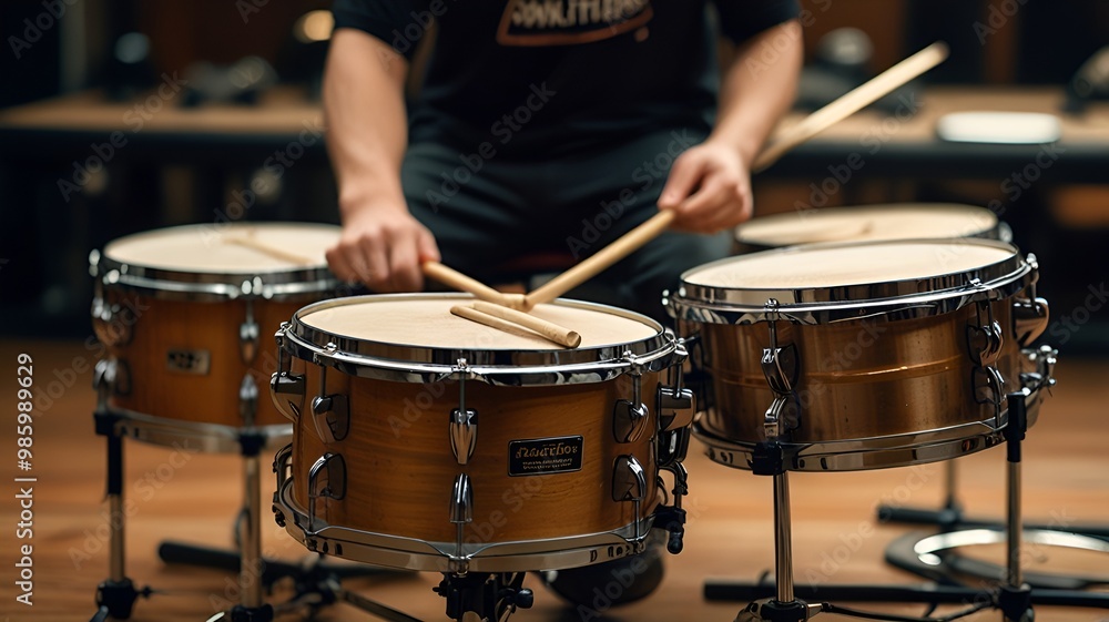 Percussion instruments that produce sound by being struck, including components like snare drums, bass drums, and cymbals GENERAVTIE AI Percussion instruments that produce sound by being struck, including components like snare drums, bass drums, and cymbals GENERAVTIE AI