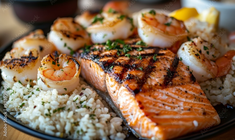 Grilled salmon, shrimp and rice on a plate. Grilled salmon, shrimp and rice on a plate.
