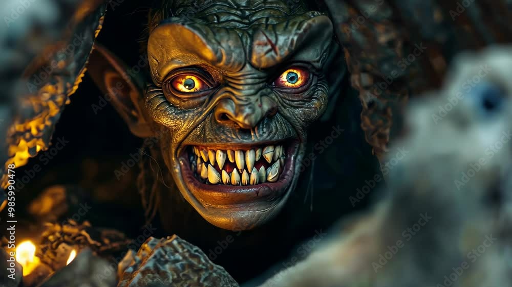 A menacing goblin emerges from a rocky cave, showcasing sharp teeth and glowing eyes. Fiery light casts eerie shadows, creating a striking image for horror or fantasy projects. A menacing goblin emerges from a rocky cave, showcasing sharp teeth and glowing eyes. Fiery light casts eerie shadows, creating a striking image for horror or fantasy projects.