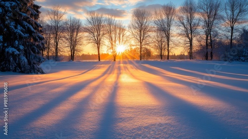 Winter Sunrise with Tree Silhouettes and Long Shadows on Snow