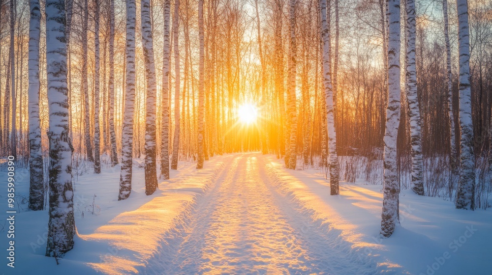 Sunset Glowing Through Birch Trees in a Snowy Forest Sunset Glowing Through Birch Trees in a Snowy Forest