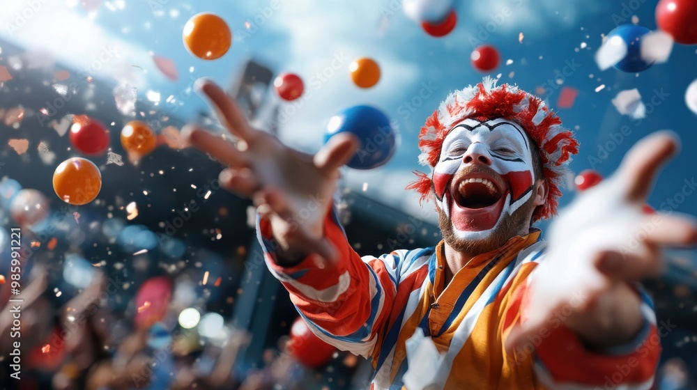 A dynamic depiction of a clown dressed in colorful attire, juggling balls amidst a shower of confetti during a festive event with a lively crowd in the background.