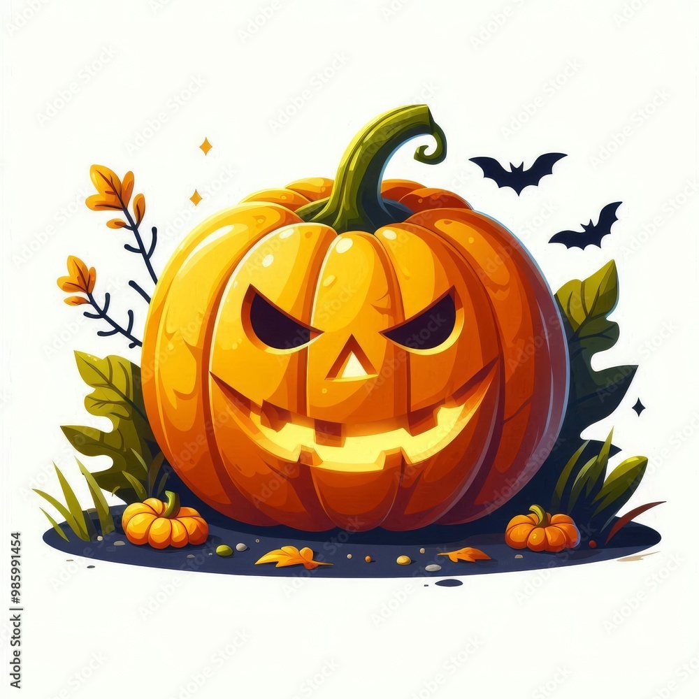 A Spooky Halloween Pumpkin adorned with a Bat beneath a Full Moon shining brightly A Spooky Halloween Pumpkin adorned with a Bat beneath a Full Moon shining brightly