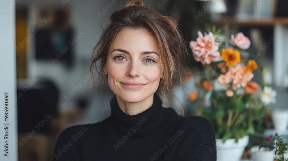 A woman in a cozy setting smiles warmly with floral decorations beside her, creating a welcoming and intimate atmosphere with a sense of tranquility and charm. A woman in a cozy setting smiles warmly with floral decorations beside her, creating a welcoming and intimate atmosphere with a sense of tranquility and charm.