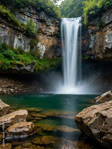Majestic waterfall cascading down a rocky cliff.