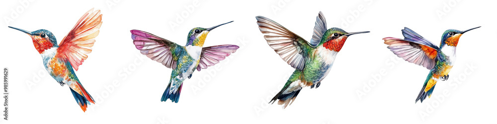 Obraz premium Stunning photographs capturing the vibrant iridescent hummingbirds in mid flight showcasing their delicate features swift movements and natural grace as they hover and feed on nectar in a lush