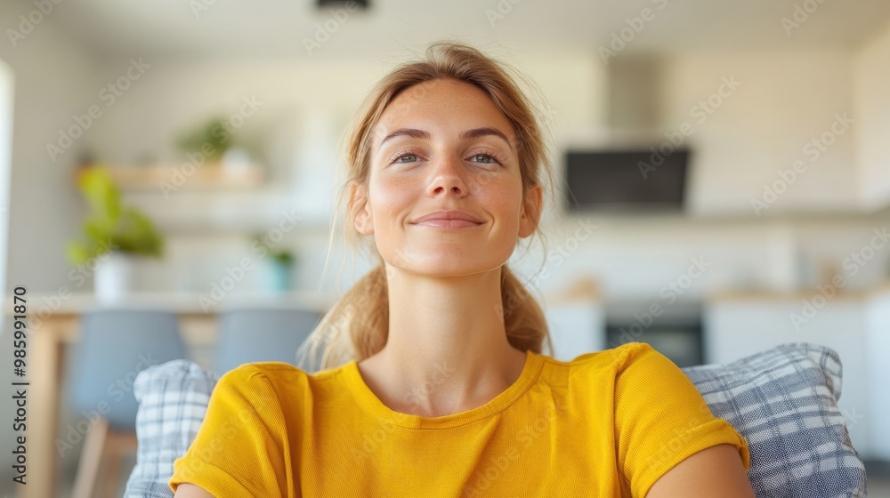A serene woman wearing a yellow shirt sits relaxed in her home interior. Plants and natural light create an atmosphere of tranquility and modern living. A serene woman wearing a yellow shirt sits relaxed in her home interior. Plants and natural light create an atmosphere of tranquility and modern living.