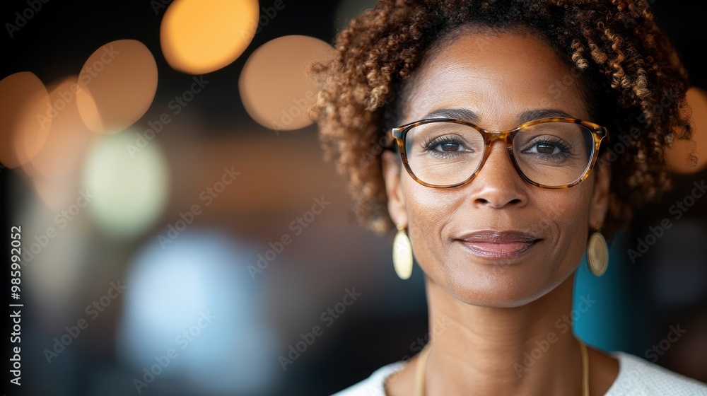 A serene woman with glasses gazes at the camera in a bustling workspace, exuding intelligence and poise, amidst softly indistinct background activity. A serene woman with glasses gazes at the camera in a bustling workspace, exuding intelligence and poise, amidst softly indistinct background activity.