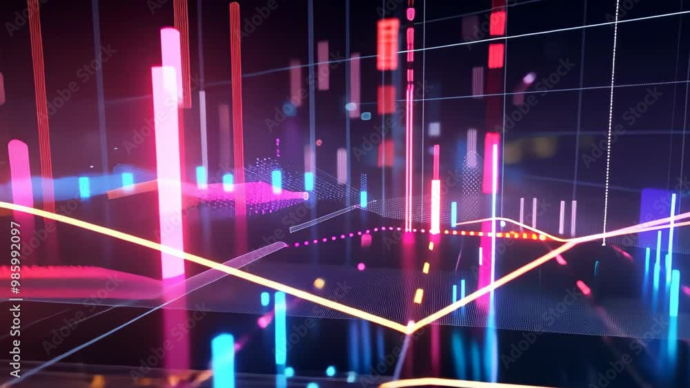 A vibrant abstract visualization of data analytics, showcasing multicolored bars and flowing lines against a dark backdrop. A vibrant abstract visualization of data analytics, showcasing multicolored bars and flowing lines against a dark backdrop.