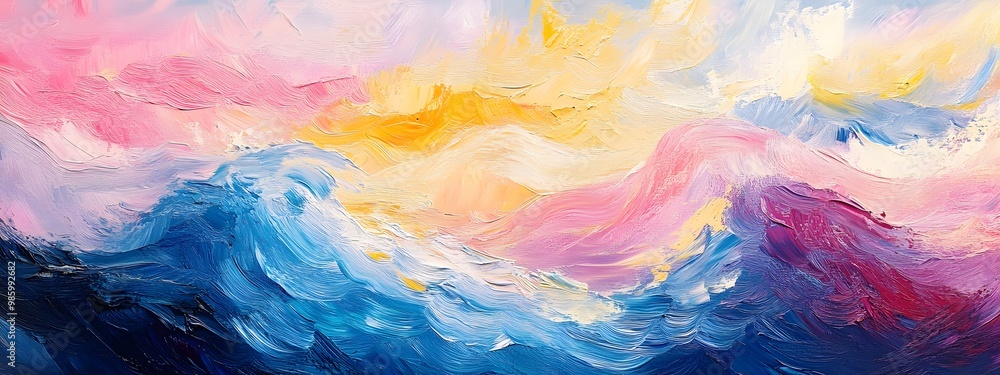 Abstract, colorful oil painting of ocean waves with textured brush strokes, impasto, and thick paint layers. Close-up, macro shot with vibrant colors of blue, pink, yellow, and purple. Abstract, colorful oil painting of ocean waves with textured brush strokes, impasto, and thick paint layers. Close-up, macro shot with vibrant colors of blue, pink, yellow, and purple.