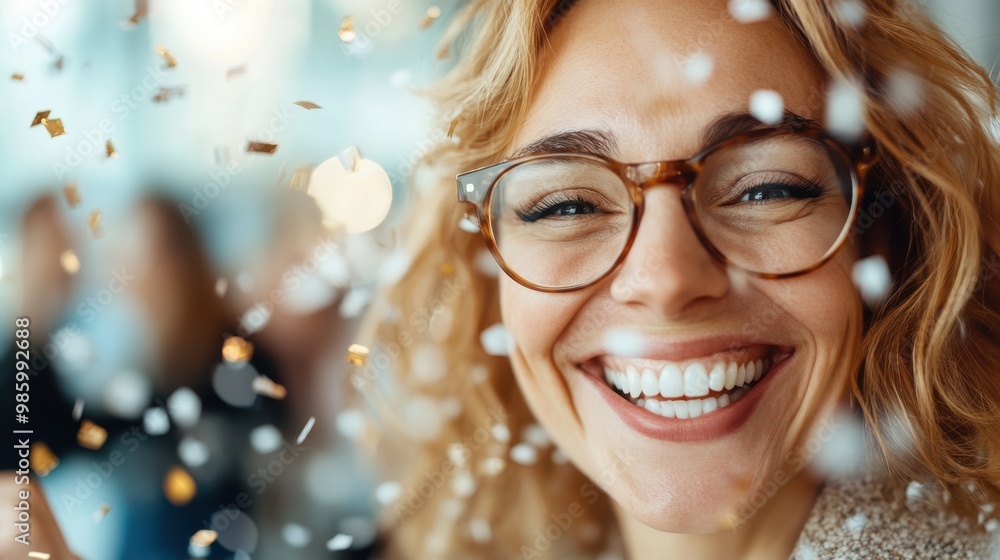 An elated woman with glasses, surrounded by falling confetti, showcases a radiant smile, representing joyous celebration in a bright, jubilant atmosphere. An elated woman with glasses, surrounded by falling confetti, showcases a radiant smile, representing joyous celebration in a bright, jubilant atmosphere.