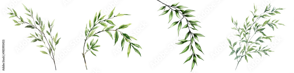 Exquisite collection of various green leaves and branches against a plain white background showcasing the natural beauty and intricate details of flourishing plant life Exquisite collection of various green leaves and branches against a plain white background showcasing the natural beauty and intricate details of flourishing plant life