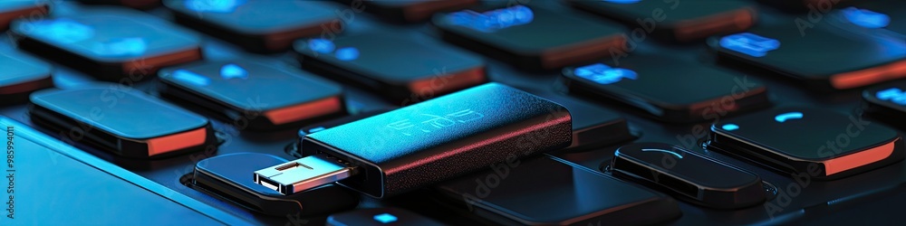 the data flash drive is on the keyboard. Selective focus the data flash drive is on the keyboard. Selective focus