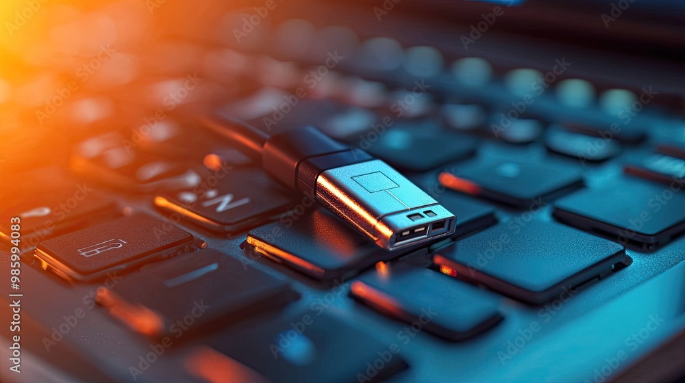 the data flash drive is on the keyboard. Selective focus the data flash drive is on the keyboard. Selective focus