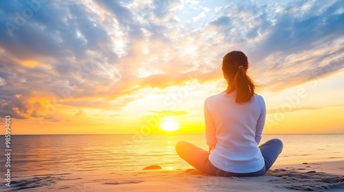 Person meditating at sunset by the beach