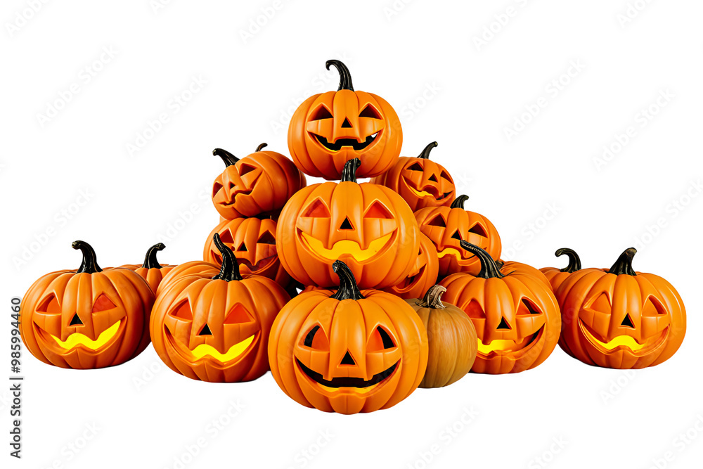 Assorted Jack O'Lantern pumpkins in a single group, cut out on a transparent background, PNG file. Mockup template for graphic design. Assorted Jack O'Lantern pumpkins in a single group, cut out on a transparent background, PNG file. Mockup template for graphic design.