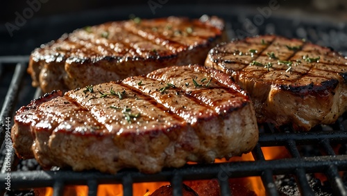 Meat on a grill, seasoned and sizzling.