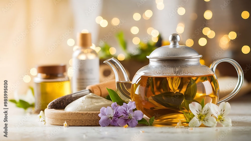 Spa treatment with tea, flowers, and essential oils on a wooden tray. Spa treatment with tea, flowers, and essential oils on a wooden tray.