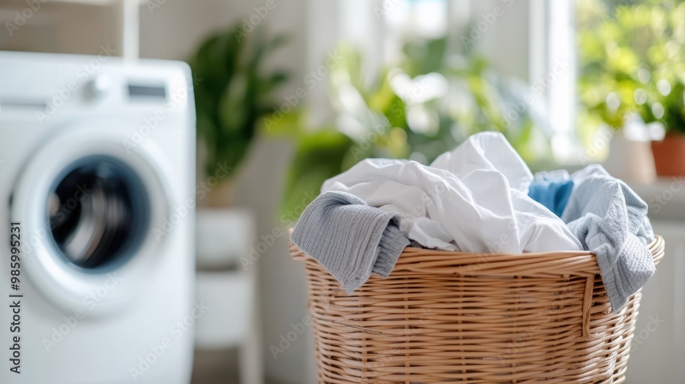 A wicker laundry basket overflowing with clothes is set in front of a white washing machine, positioned in a well-lit room, showcasing a calming domestic scene. A wicker laundry basket overflowing with clothes is set in front of a white washing machine, positioned in a well-lit room, showcasing a calming domestic scene.