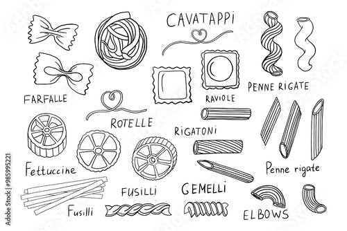Set of pasta of different shapes. Italian Cuisine. Pasta time. Pasta lover. Hand drawn. Great for menu design, banners, websites, packaging. Vector illustration EPS10 in doodle style