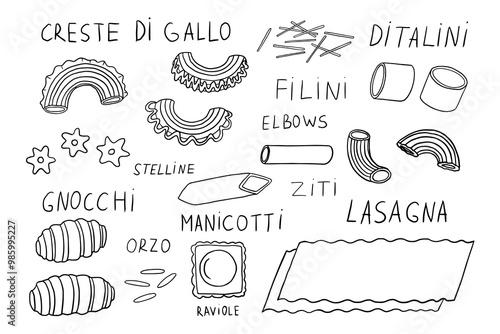 Trendy set of pasta of different shapes. Italian Cuisine. Pasta time. Pasta lover. Hand drawn. Great for menu design, banners, websites, packaging. Vector illustration EPS10 in doodle style