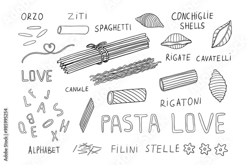 Big set of pasta of different shapes. Italian Cuisine. Pasta time. Pasta lover. Hand drawn. Great for menu design, banners, websites, packaging. Vector illustration EPS10. Doodle