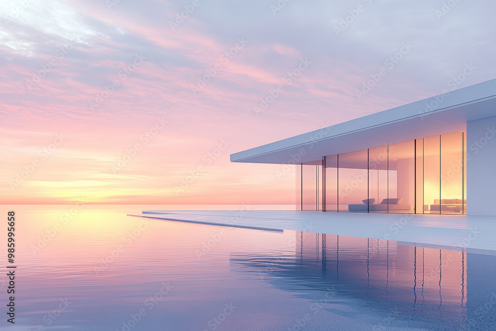 Fototapeta premium minimalist villa with sea in dawn . AI generative.