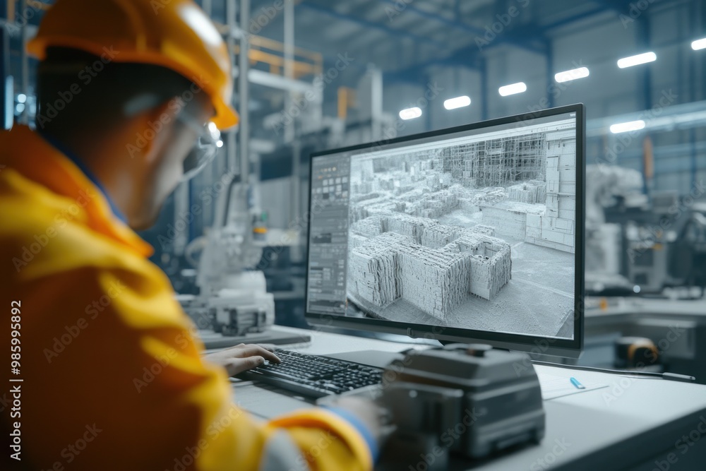 Fototapeta premium Industrial Worker Using Computer to Analyze 3D Model of a Building