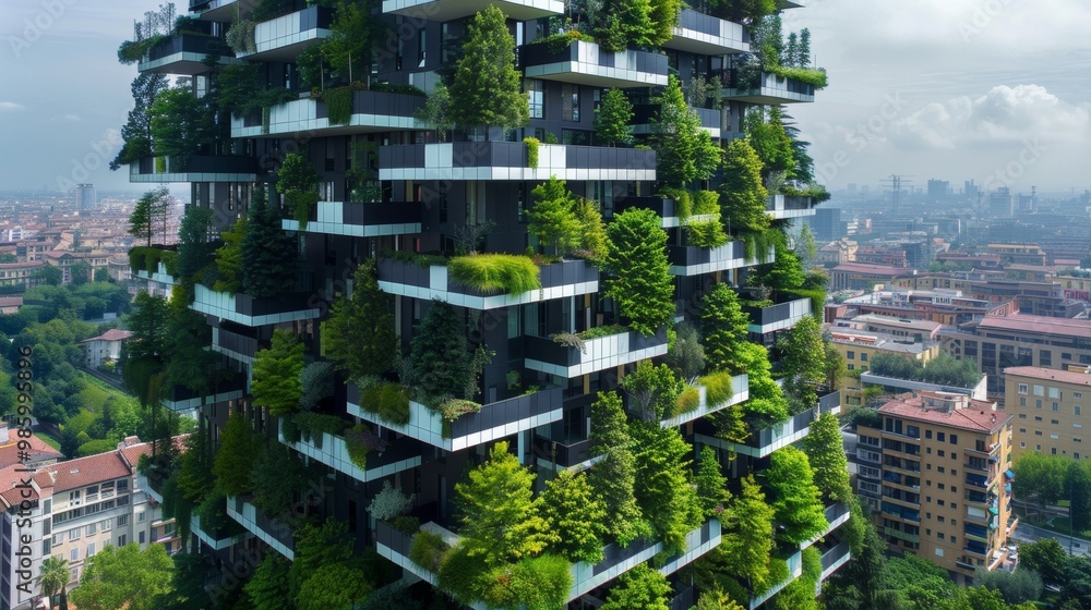 Obraz premium Futuristic Vertical Forest Residential Tower with Lush Greenery and Eco Friendly Design in Urban Cityscape