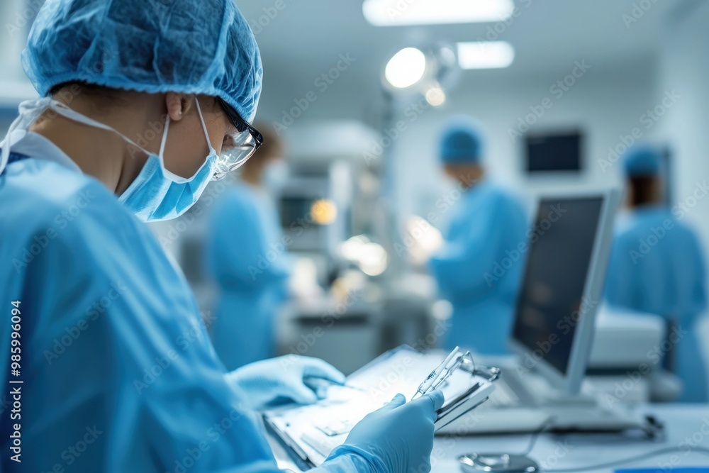 A Surgeon in Scrubs Examining a Medical Vial A Surgeon in Scrubs Examining a Medical Vial