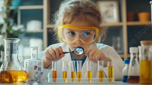 Young Girl Scientist Examining Liquids in Test Tubes photo